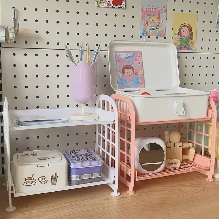 2 Tiers Desk Organizer Storage Holder Desktop Stationery Rack Multi-Functional Plastic Shelf Makeup Organizer Dormitory Shelf