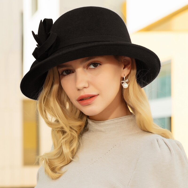 Wollen boothoed met platte bovenkant voor dames, vilten fedora met brede rand, dameshoed met vilten rand