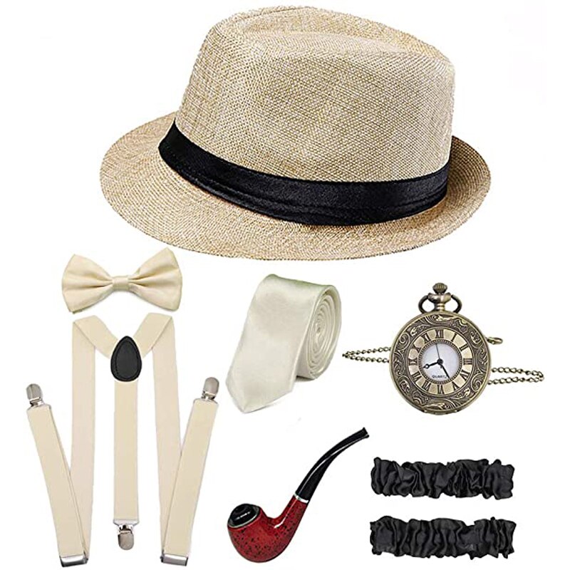 Cosplay kostyme 1920s herre gatsby gangster kostyme 8 stk tilbehørssett for mann: Beige