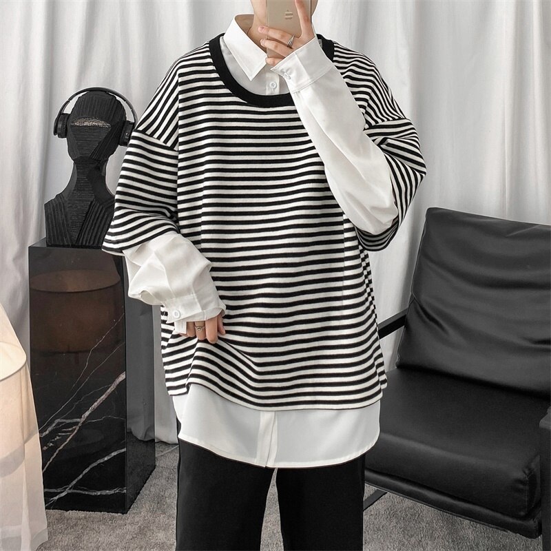 Hommes orthographe couleur rayure manteaux faux deux pièces Patchwork chemise hawaïenne manchette française hommes chemises Camisa Masculina: black / XL