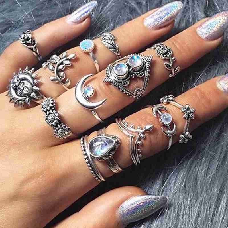 14 Stks/set Moon & Sun Knuckle Opal Set Blad Bloem Hart Kroon Ringen Voor Vrouwen Femme Boho Verklaring Jewelry