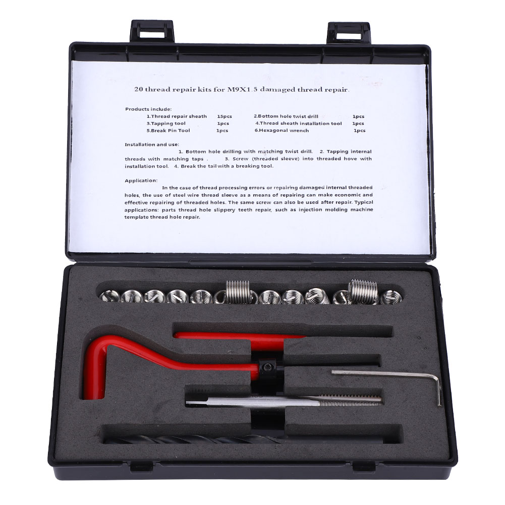 20 Pcs Female Thread Repairing Kit M9x1 5 Stainless Steel Rethreading Tap Set Fastening Thread Insert Set Spiral Wire Screw