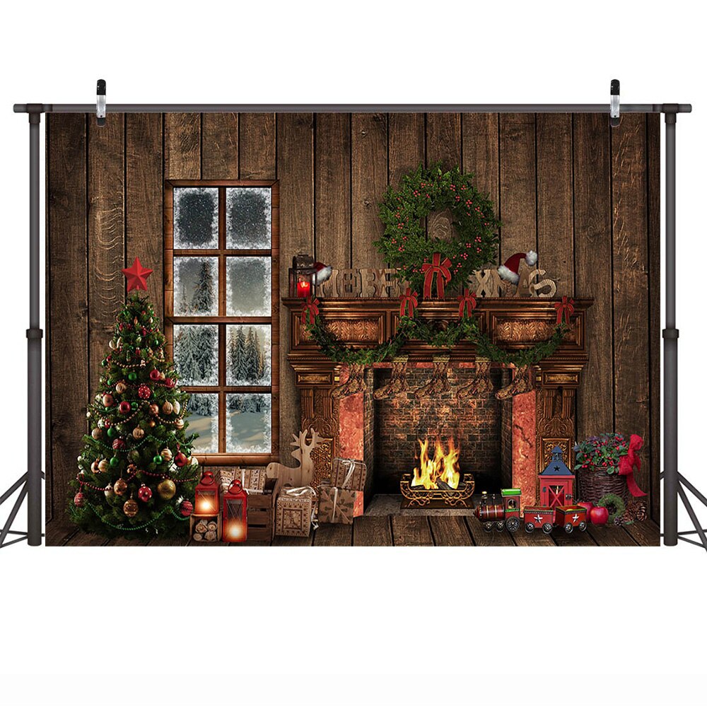 Cheminée fenêtre photographie arrière-plan noël hiver Portrait Art toile de fond jouets chaussette couronne arbres de noël Photo Studio: 300x250cm  ThinVinyl