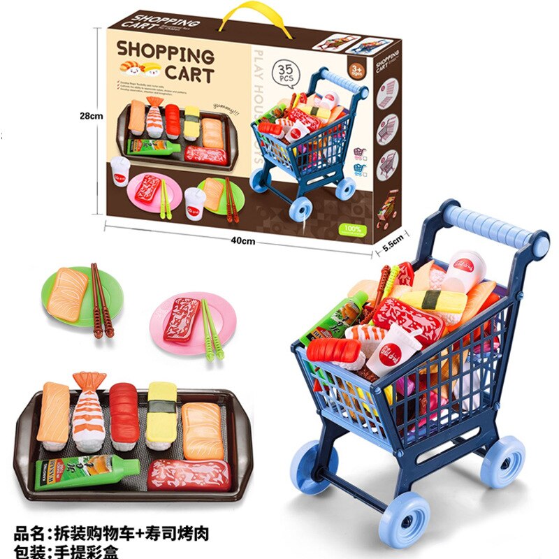 Chariot de supermarché pour enfants, voiture, jouets, Simulation de panier, fruits, BBQ, viande, nourriture, assemblage, maison de jeu