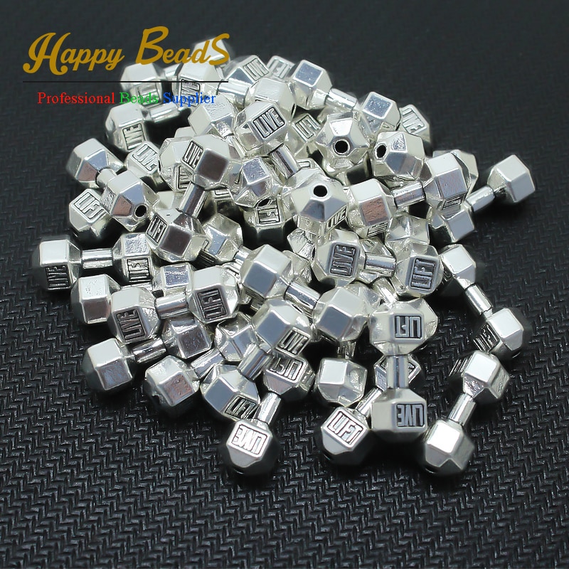 10pcs/lot 8*20mm Silver Color Barbell Dumbbell Spacer Beads Charms fit Diy Beaded Fitness Bracelets Making (w03524)