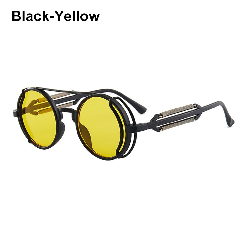 Gothic Punk UV400 Bescherming Trendy Ronde Zonnebril Steampunk Zonnebril Mannen Eyewear Zonnebril: Black-Yellow