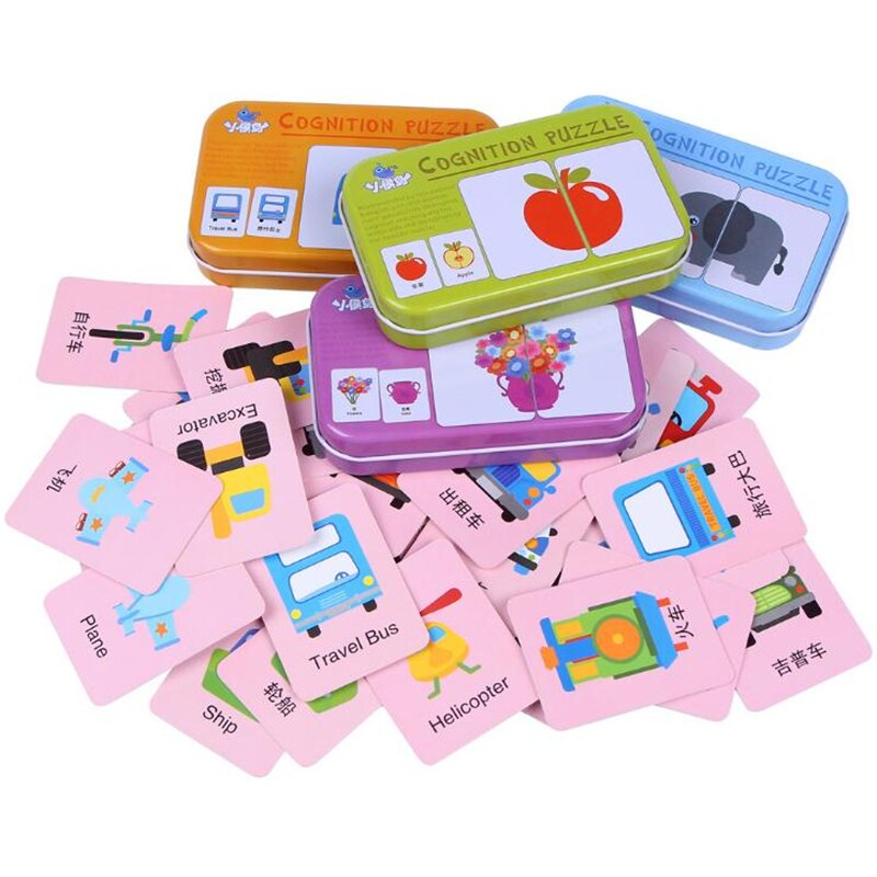 Kids Baby Cognitive Puzzle Cards Montessori Educational Toys Matching Game Cartoon Vehicle Animal Fruit English Learning Cards