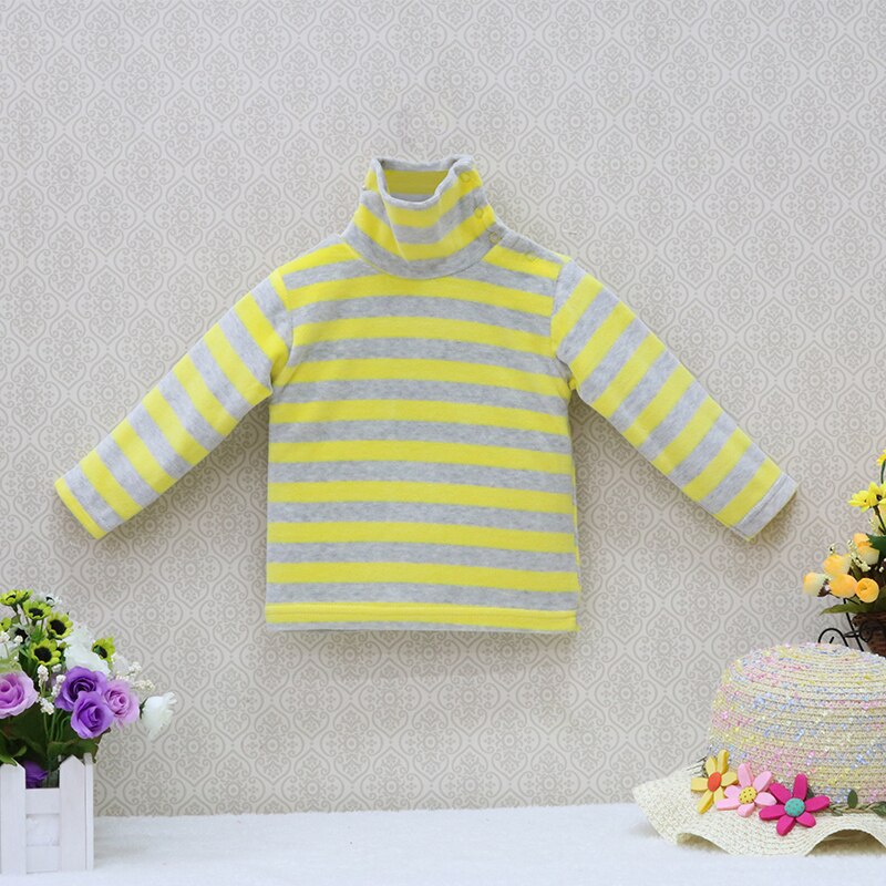 Kleine Q baby turtle neck velours blouse 5 stks/partij gestreepte lente en herfst unisex shirts kinderen lange mouwen klinknagels knop kleding