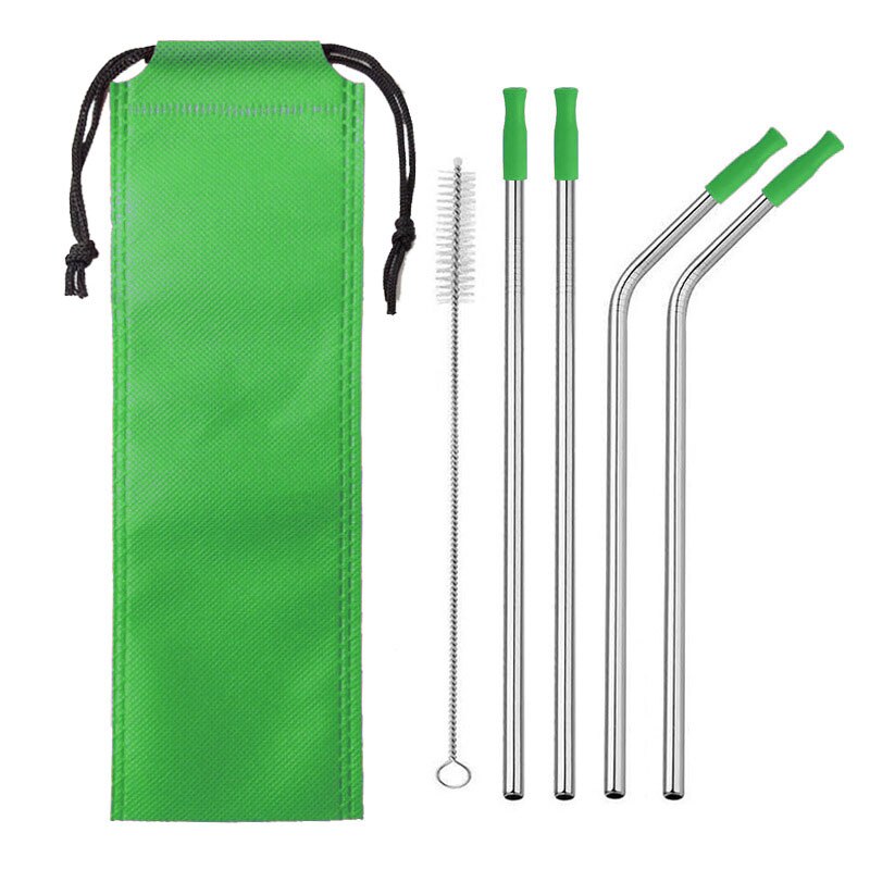 304 Stainless Steel Metal Straws Drink Cocktail Color Silicone Head Straw Travel Portable Set: Set 11