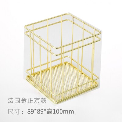 Ins skrivebord papirvarer indretning jern guld rose guld penneholder metal skrivebord organizer sød stempel pen holder kontor skrivebord tilbehør: Guld firkant