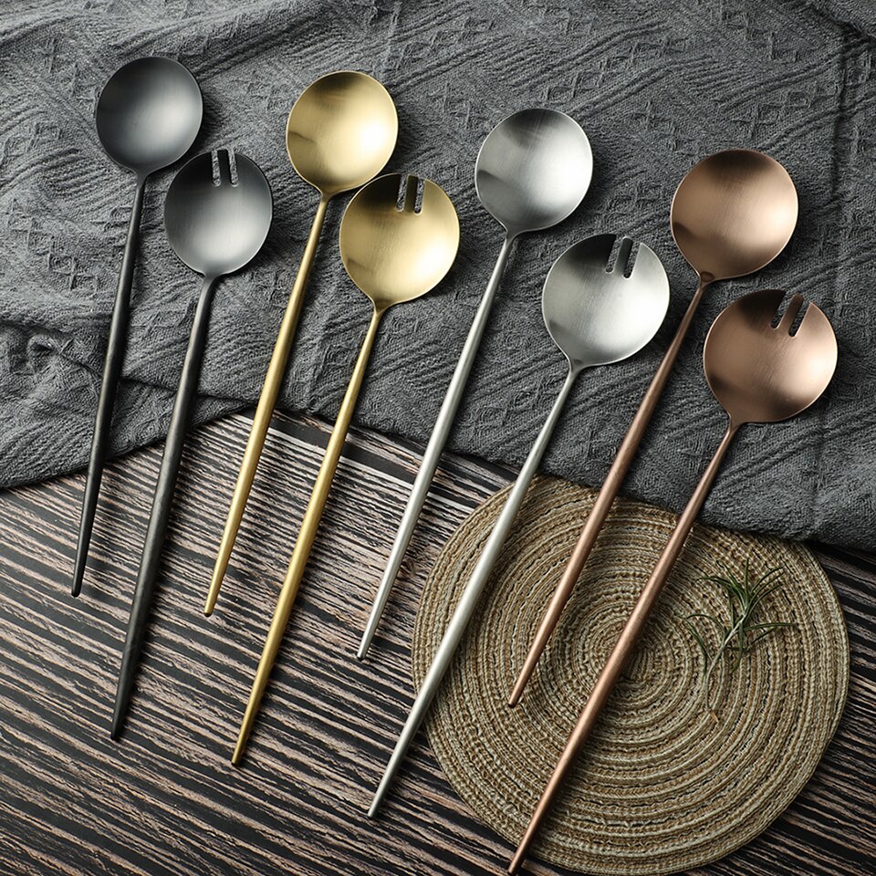 304 Stainless Steel Serving Spoon Set Kitchen Large Salad Spoon Fork Cutlery Set Dinning Server Steel Utensils Salad Scoop Fork