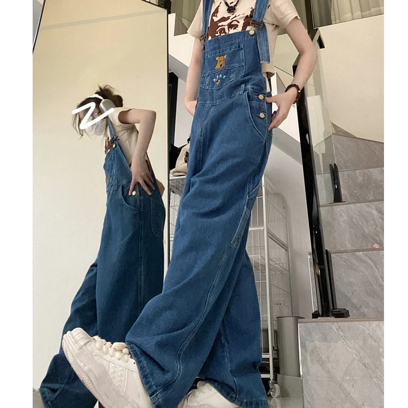 Oversize jumpsuit kvinnor söt nalle puh broderi vintage lös hög midja streetwear jeans jumpsuit