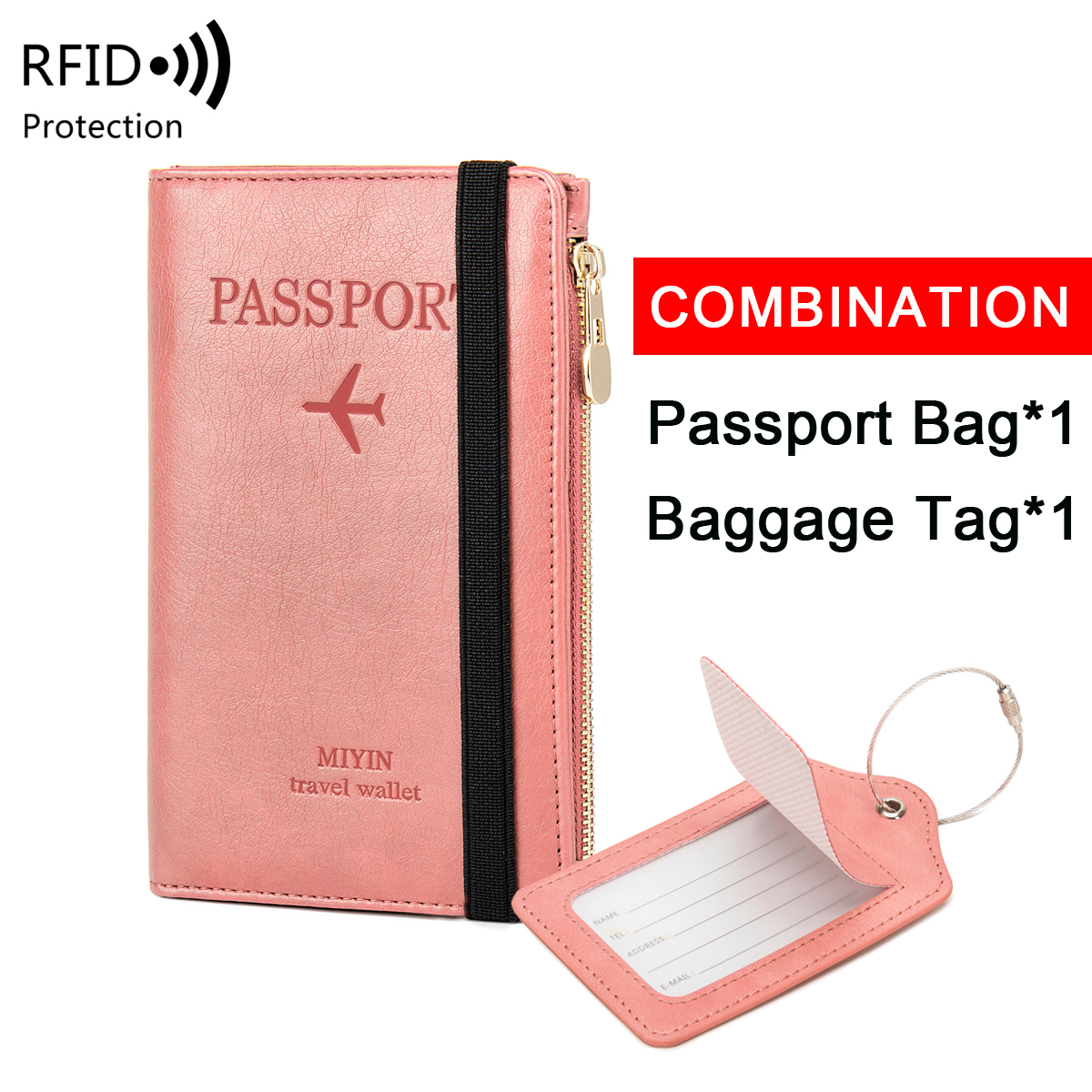 Minimalistisch en modieus RFID-reispaspoortset + PU-bagagelabel 2-delig/set geschikt voor reisaccessoires voor heren en dames: Roze