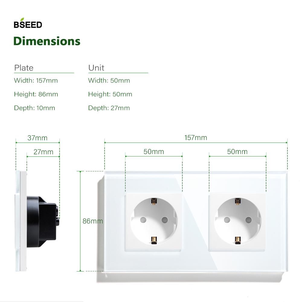 BSEED Europe Standard Double prise murale panneau de verre cristal prise électrique 3 couleurs blanc noir doré 110V 250V