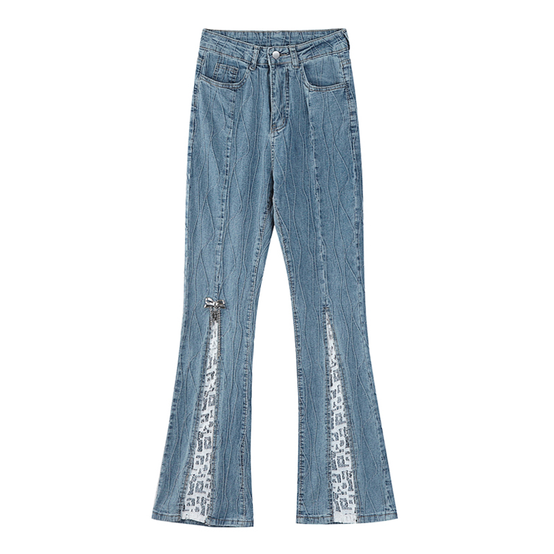 Jean évasé à plis en dentelle pour femmes, pantalon en Denim, Texture, taille haute, coupe Slim, droit, à fond de cloche: S