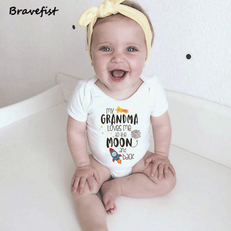 Unisex Kids Bodysuits 0-24Months Infant Outfits Grandma Loves Me To The Moon And Back Letters Print Summer Children Jumpsuits