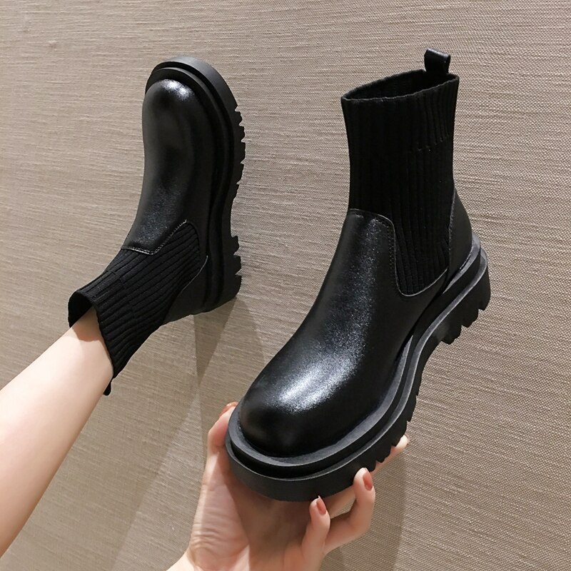 Grosses bottes femme dernière Slip-on tissé Patchwork PU haut bout rond noir Beige léger Chelsea bottes femmes chaussures
