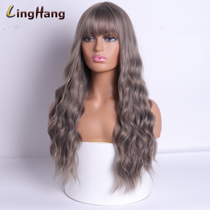 LING HÄNGEN Lange Wellig frauen Perücke 24-Zoll Synthetische Braun Haar Mit Pony Natürliche Wellenförmige Hohe Temperatur Faser perücke: 10A-68