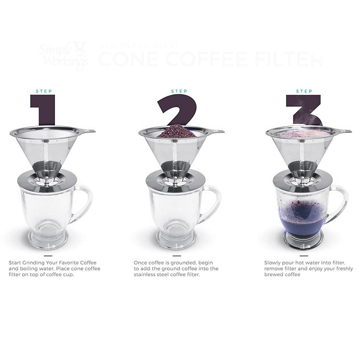 Pour Over Coffee Dripper Stainless Steel Cone, Paperless with Cup Stand, Enjoy Simple and Easy Single Cup Rich Mornin