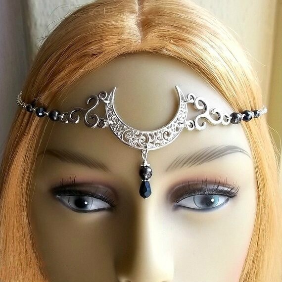 WiccMoon Circlet, Pagan Headdress Wiccan Head Chain Moon &amp; Triskele Headpiece Gothic Head Chain: B1
