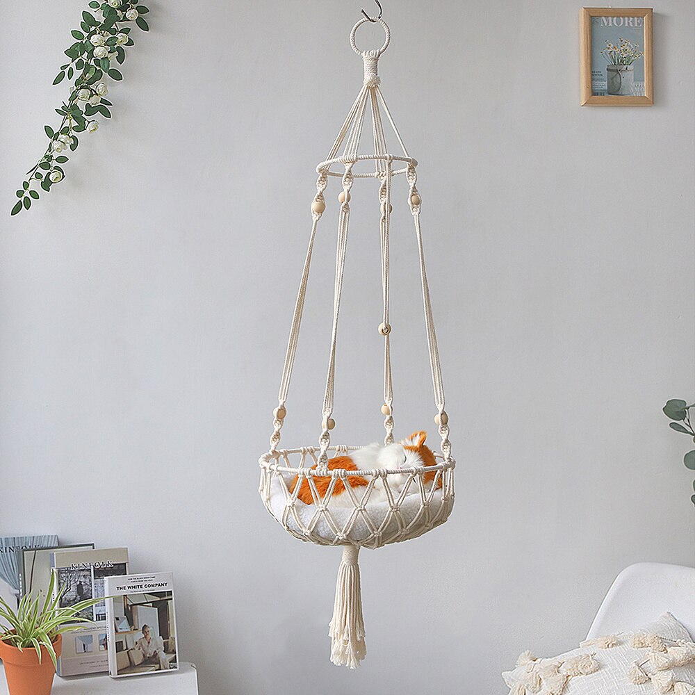 Large Macrame Cat Hammock Handwoven Tapestry Hanging Swing Cat Dog Bed Basket Home Bedroom Decoration Wall Hanging Without Mat
