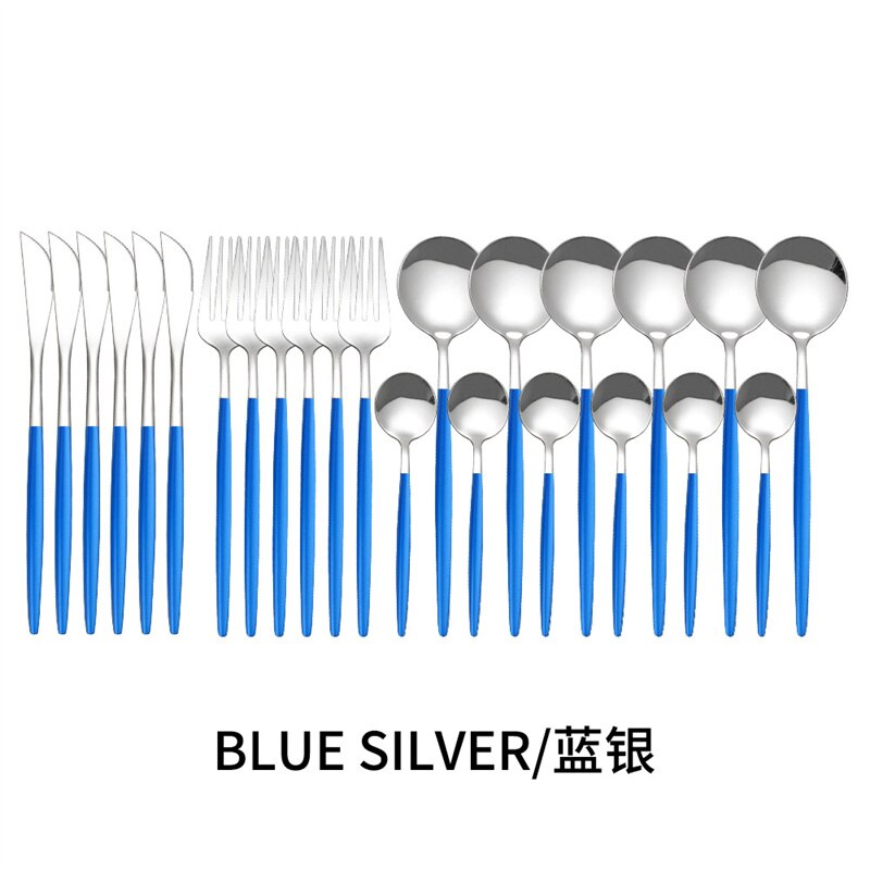 Couverts en acier inoxydable, 24 pièces, service de table, cuillère, couteau, fourchette, couteau, portugais occidental: BlueSliver