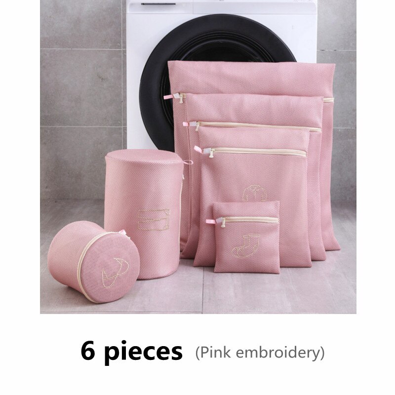 Conjunto de bolsa de lavandería bordada, bolsa para lavar ropa interior, sujetador, bolsas de lavado, cesta de lavandería de malla de poliéster, Kits de lavado plegables para el hogar, 1 Juego: Pink 6 pieces set