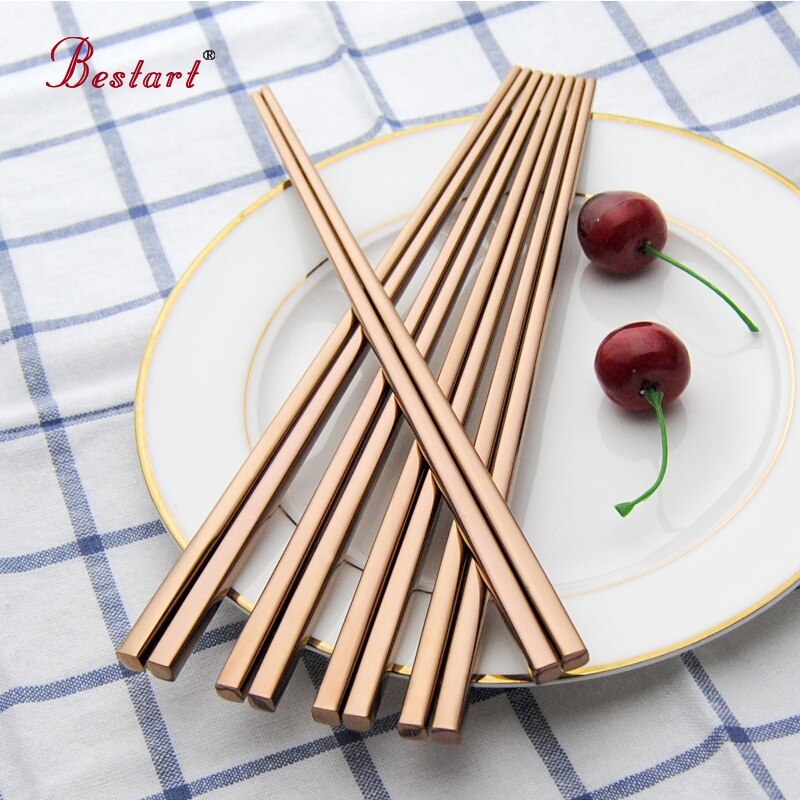 5 par återanvändbara japanska sushi ätpinnar roséguld fyrkantiga chop hashi pinnar rostfritt stål baguette chinoise ätpinnar set