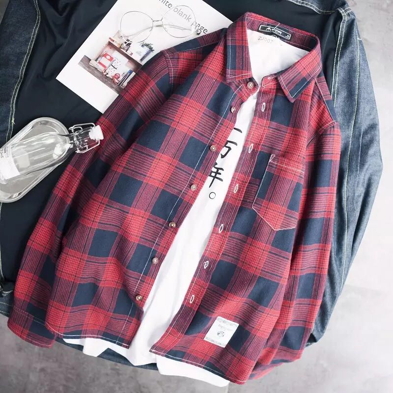 Spring and Autumn Men's shirts, lapels, long sleeves men's jackets and checked shirts: Red / Asia size L