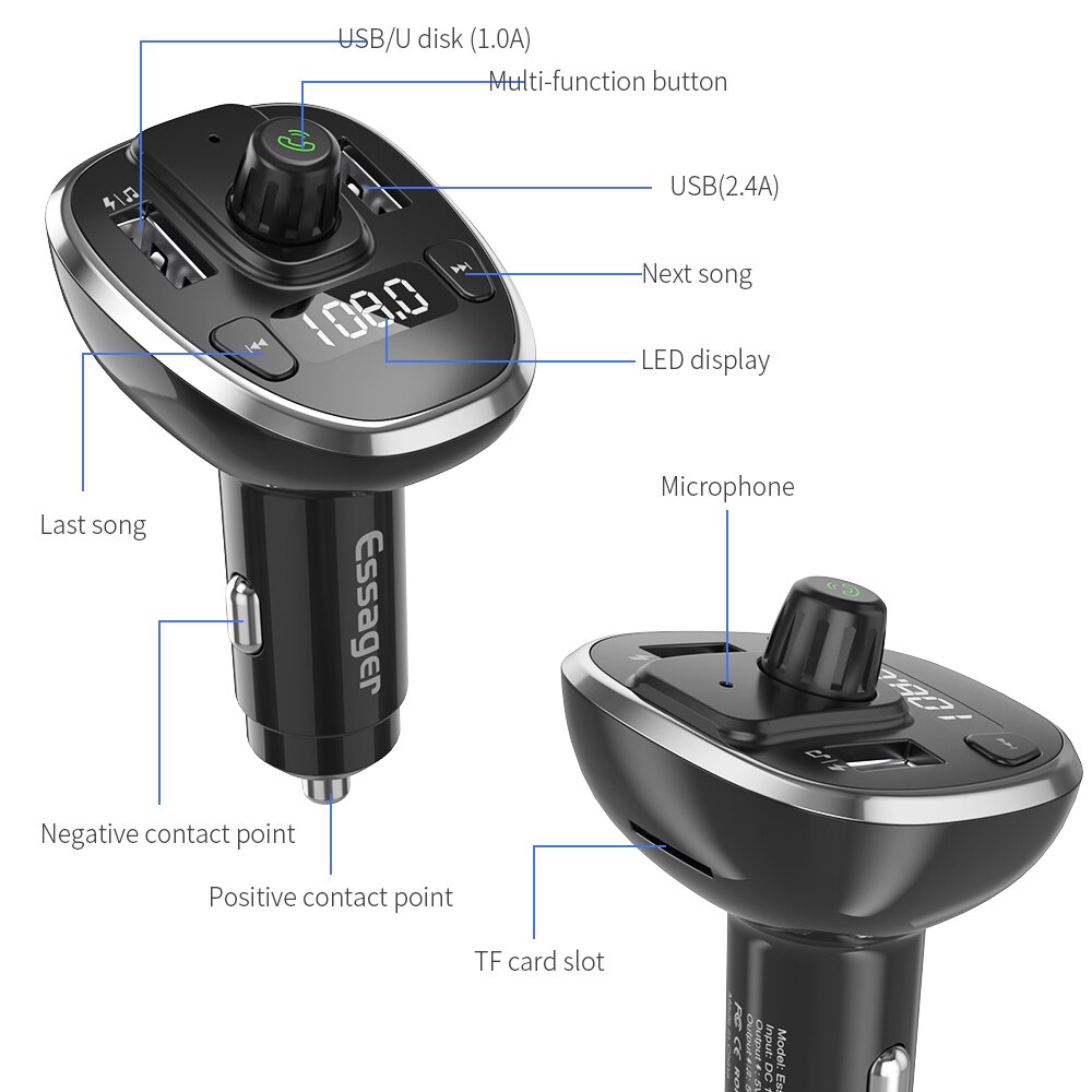 Essager Usb Auto Oplader Voor Mobiele Telefoon Bluetooth Handsfree Fm-zender MP3 Speler Auto Kit Fast Charger Voor Iphone