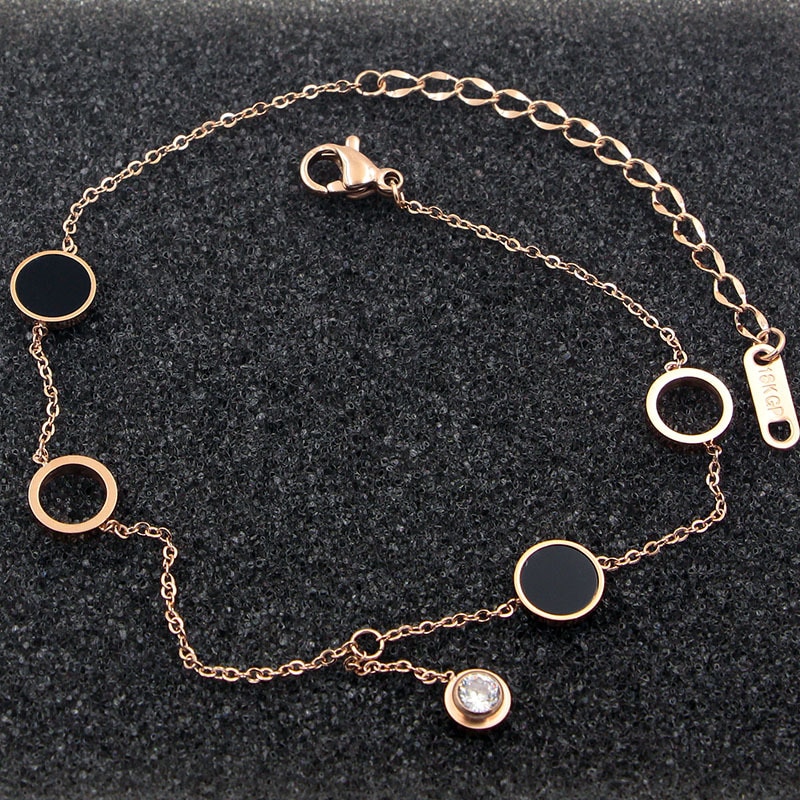 2 Circles 2 Enamel Circle Middle Zircon Anklets Top Titanium Steel Rose Gold Color Woman Jewelry