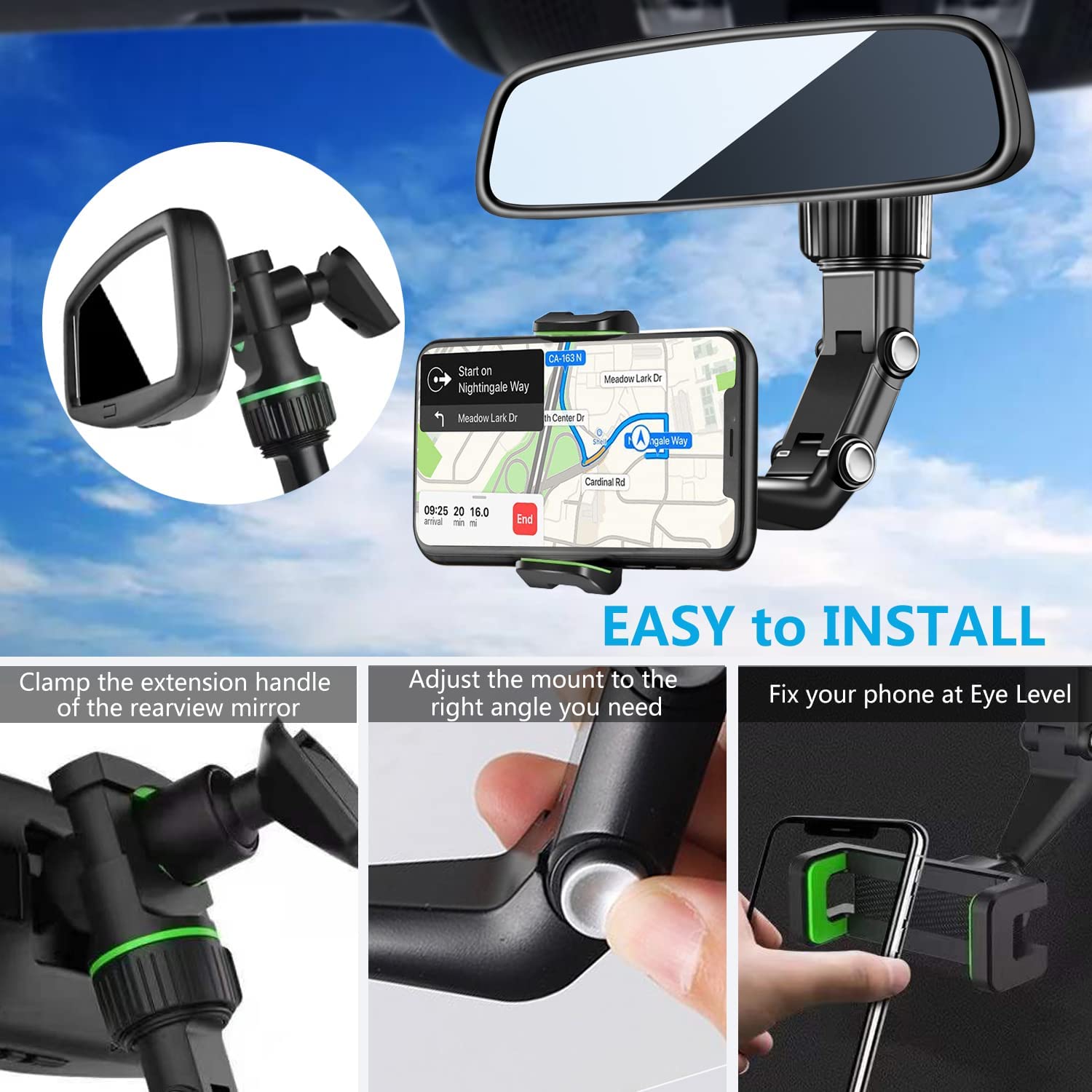 Soporte para teléfono con espejo retrovisor para coche, 360 ° Soporte giratorio para teléfono, soporte universal para teléfono de coche con soporte para GPS para todos los teléfonos inteligentes