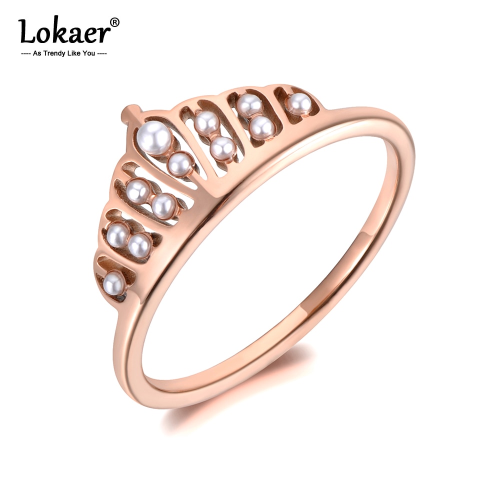 Lokaer Titanium Stainless Steel White Pearl Crown Ring Trendy Rose Gold Anniversary Wedding Rings Jewelry For Women Girls R19090