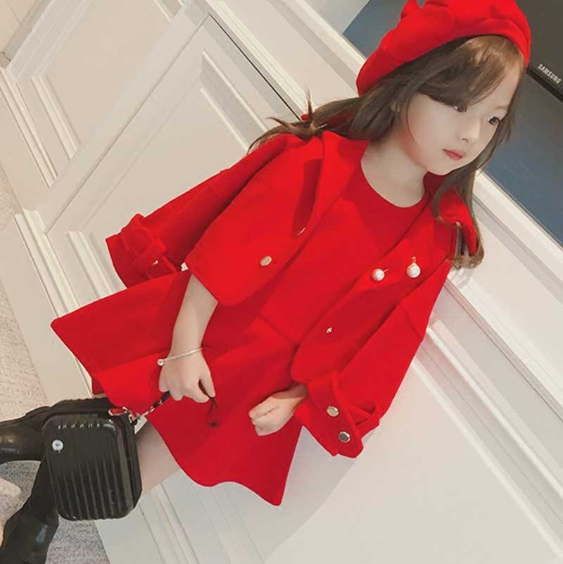 Herfst winterpakken kinderen laag vest jurk wollen jas rood driedelig lange mouw effen kleur zachte sets voor meisjes 2 - 7 jaar: 120cm