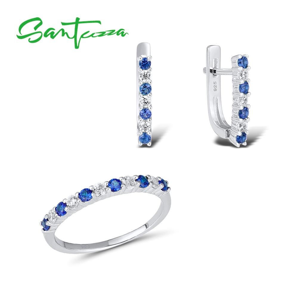 Santuzza Zilveren Sieraden Set Voor Vrouwen Blauw-Gemaakt Spinels Cz Steen Ring Oorbellen Set 925 Sterling Zilveren Sieraden set