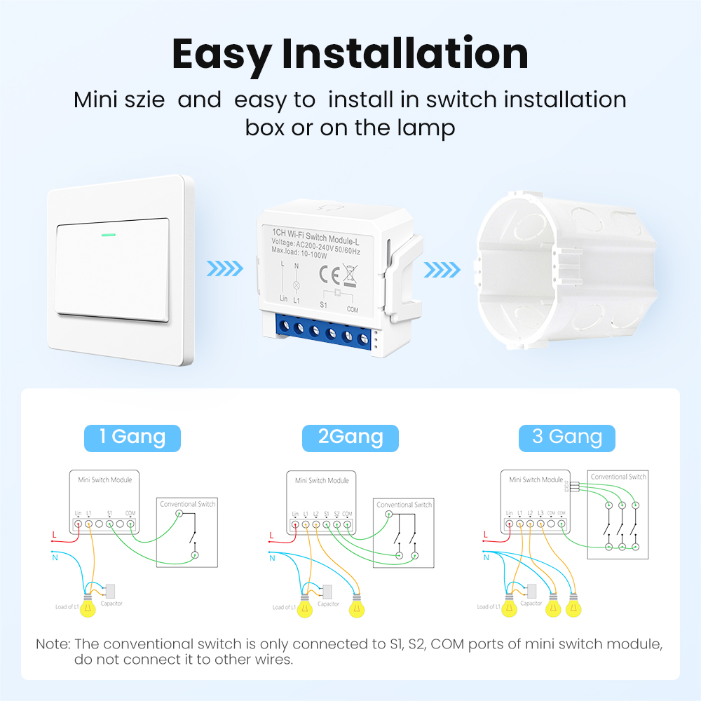 Avato tuya wifi slimme doe-het-zelf lichtschakelaarmodule 1 2 -voudig zonder nuldraad, smart life app, afstandsbediening, werkt met alexa en google home