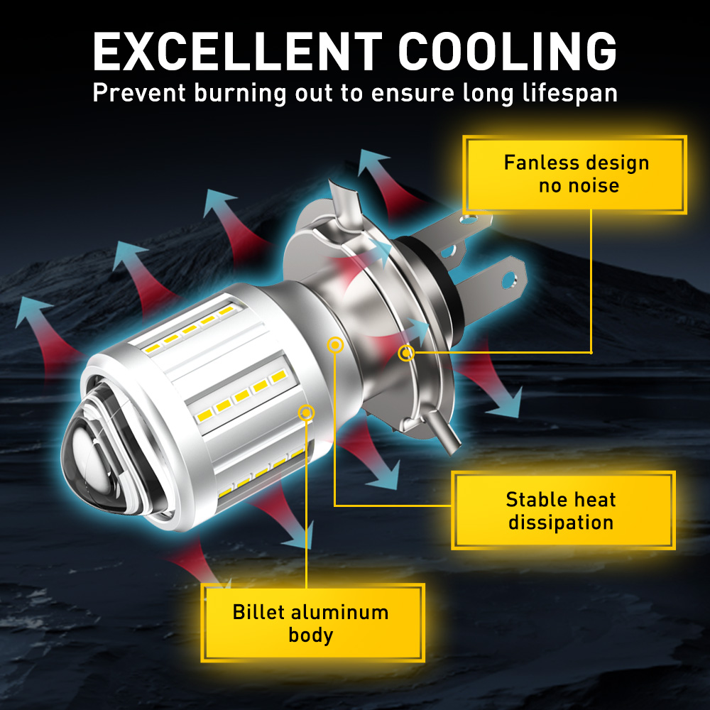 AUXITO 1Pcs H4 Motorcycle LED Headlight High/Low Beam Light Bulbs Lamp Motorbike With LENS Fanless Dual Color White Yellow 12V