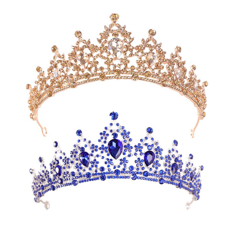 Ouro/azul strass cristal feminino menina aniversário tiaras e coroa noiva diadem headpiece acessórios de casamento nupcial cabelo jóias