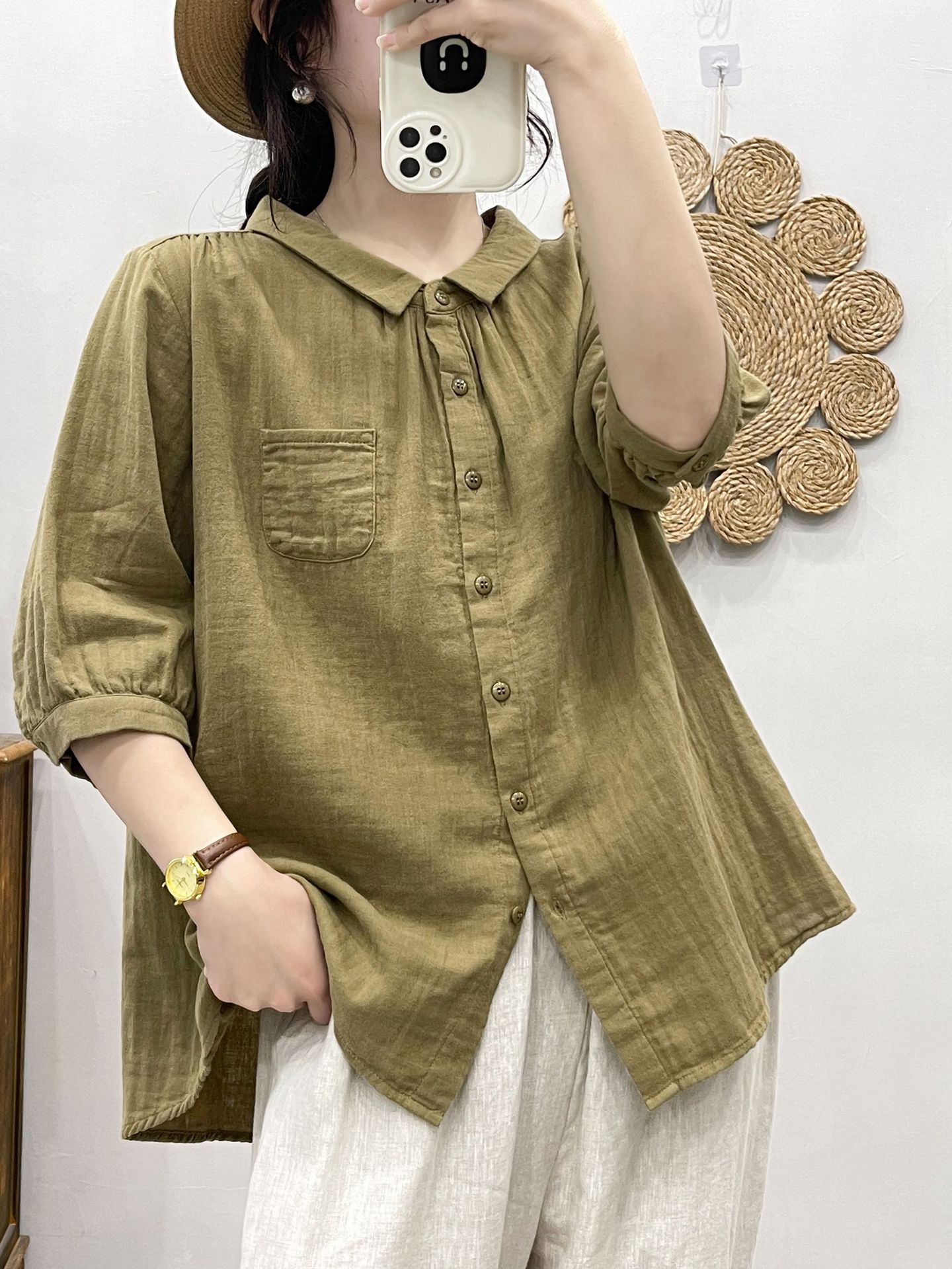 Neue Frühling Baumwolle Garn solide verlieren Hemd Frauen Revers Kurzarm oben Mädchen retro ol Pendel blusen 2024 Sommer t45449qc: M / Armee Grün