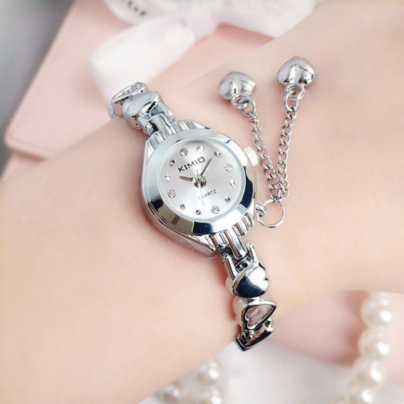 KIMIO Women Bracelet Watch Ladies Tassel Dress Quartz Watch Clock Hollow Love Hearts Steel Strap Wrist Watch Montre Femme