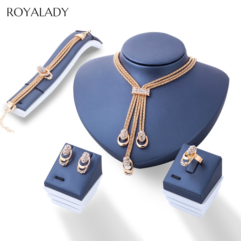 Rosa guld krystal smykkesæt kvinder brude halskæde øreringe armbånd ring rhinestone bryllup forlovelsesfest smykker