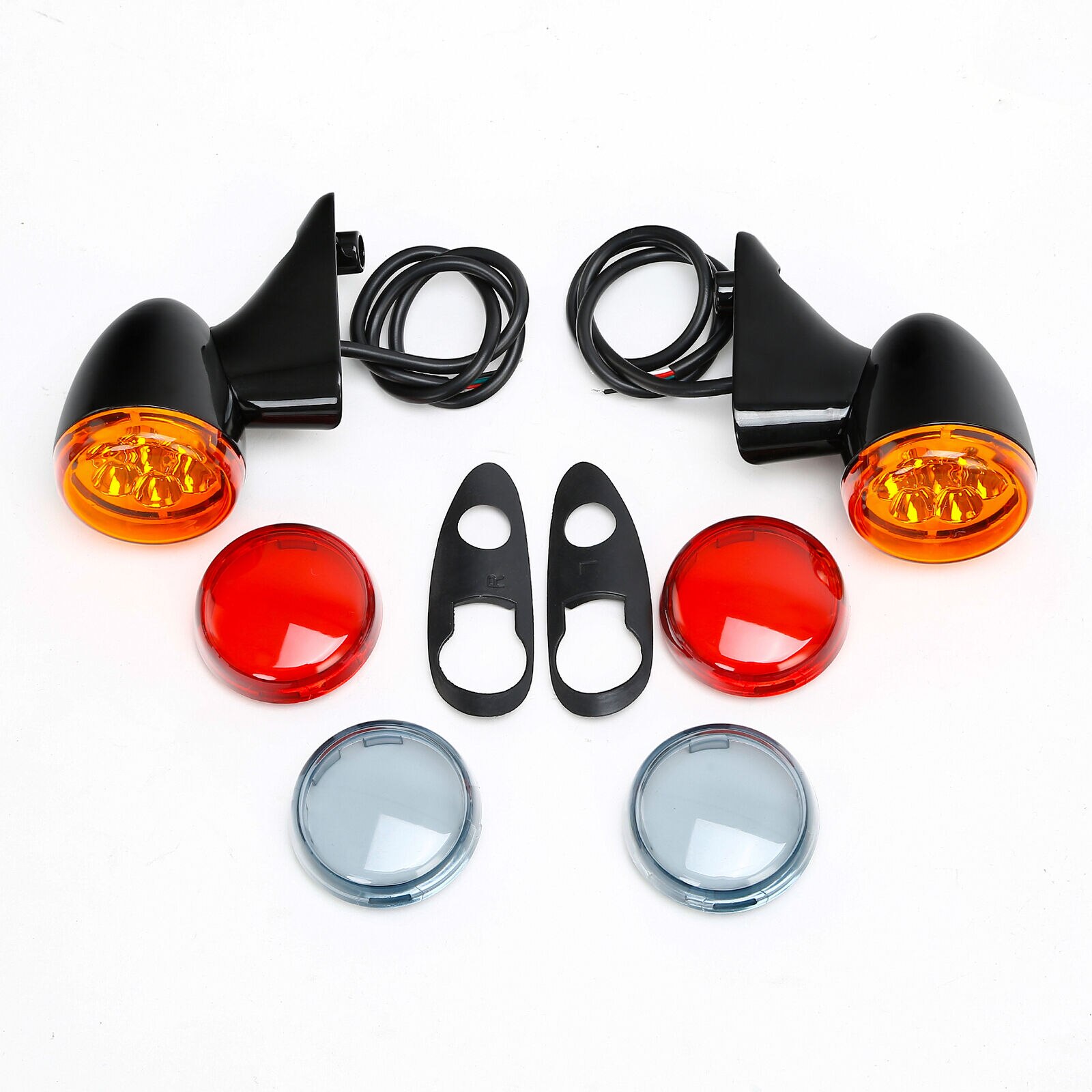 RIVCO BLACK/BLACK Light Bracket With LED Auxiliary Lights And Turn Signals Black Brackets And Light Housings With Black Face On The Passing Lamps