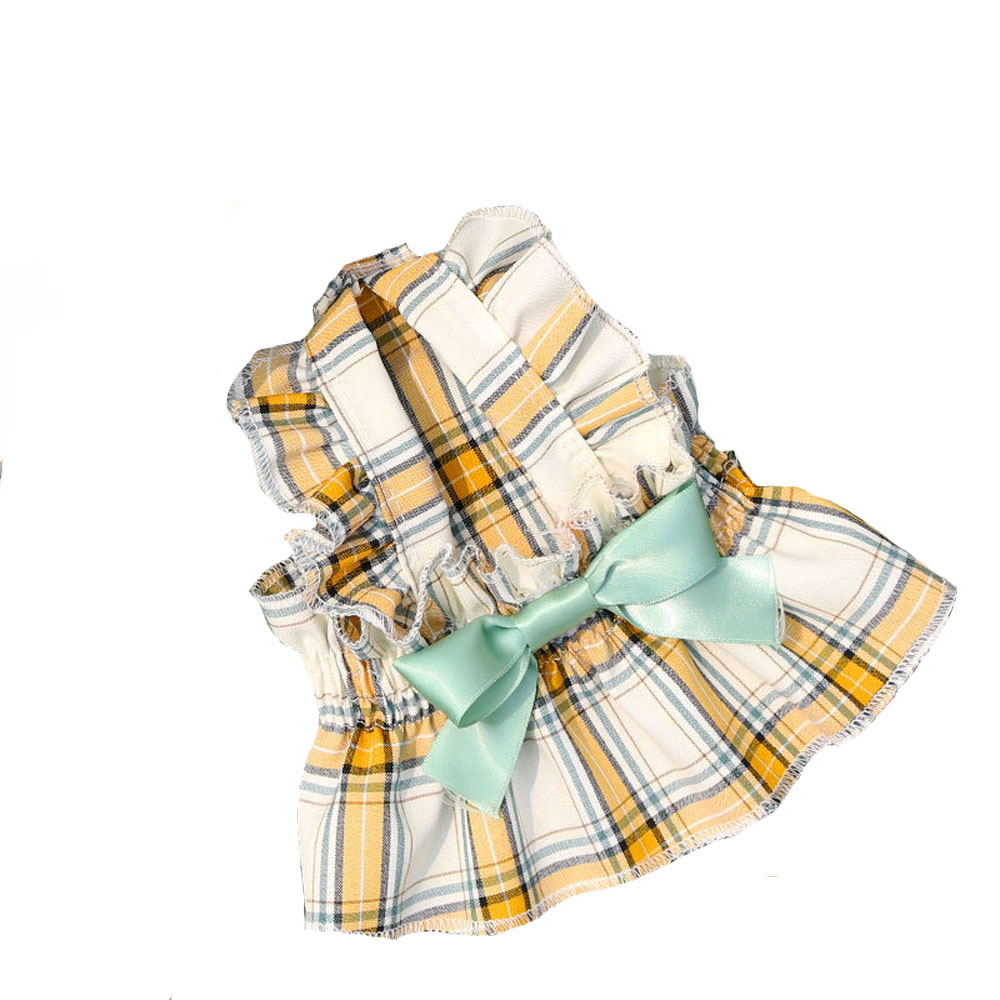 Dog Plaid Dress With Bowtie Cute Pet Skirt With Bow For Small Medium Dogs Cats Puppy Clothes Girl Princess Outfits Spring Summer: Yellow Plaid / XXL