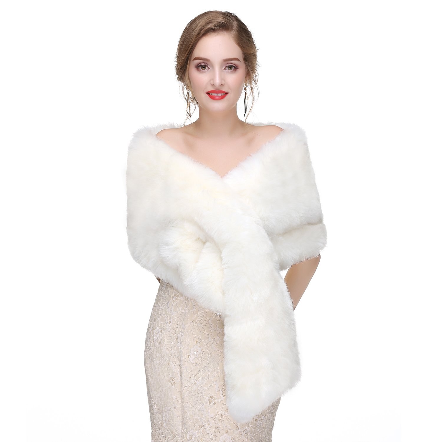 Vrouwen Bolero Bridal Shawl Faux Fur Wrap Bruiloft Cape Winter Ivoor Mantel Avondjurken Faux Bont Sjaal Bont Cape: 17