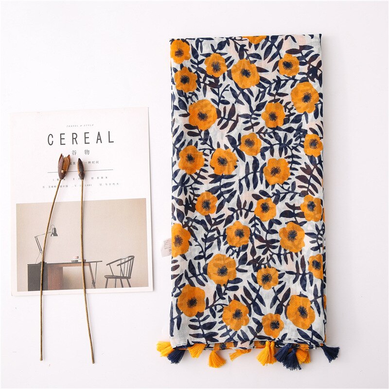 Sparsil-foulard en coton et lin femme | Longue écharpe, imprimé floral, court gland doux, enveloppes d'été, Protection solaire, échalotes de plage: 9Yellow Flower
