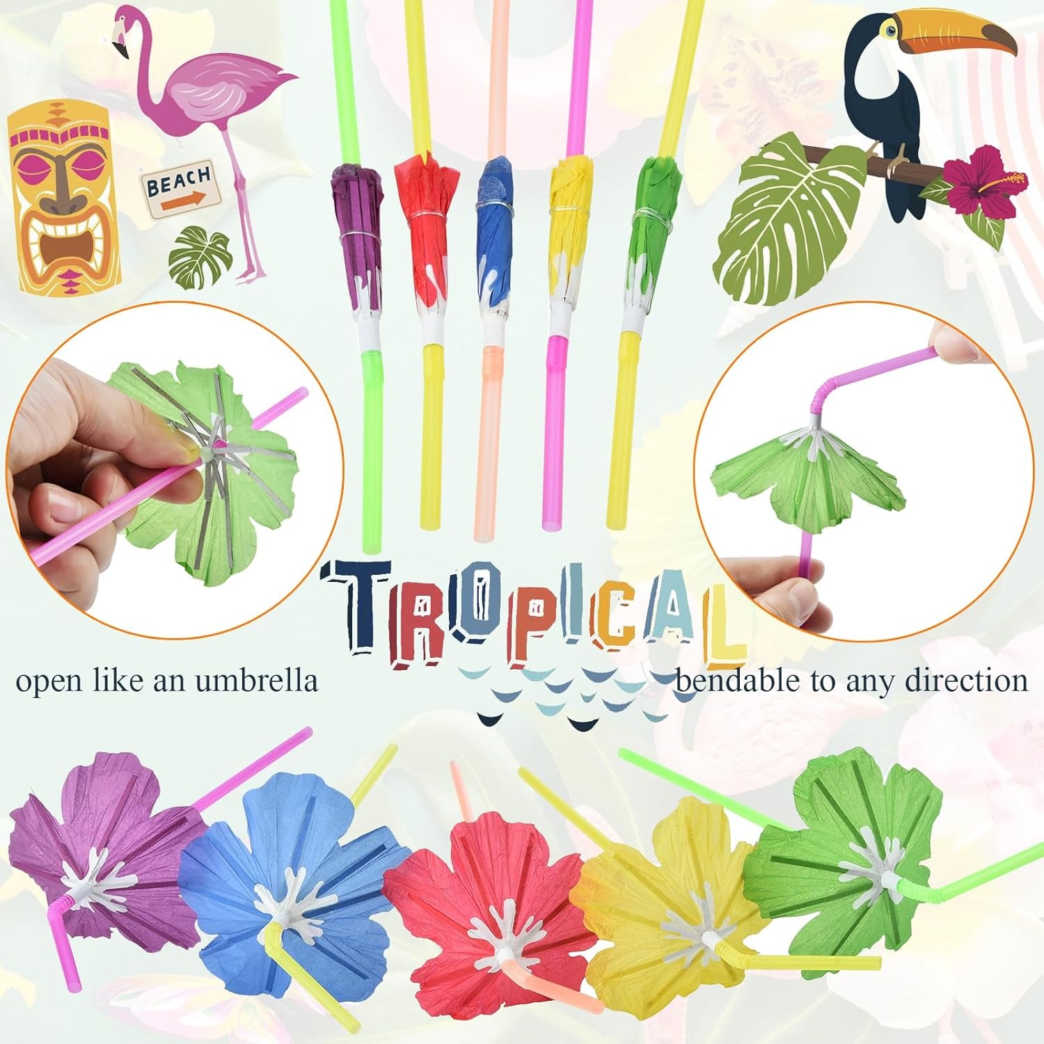 50 Uds pajitas de paraguas, paraguas de bebidas de cóctel pajitas de barra de flores elegantes, pajitas de hawaiana Tropical Summber Beach Luau Tiki