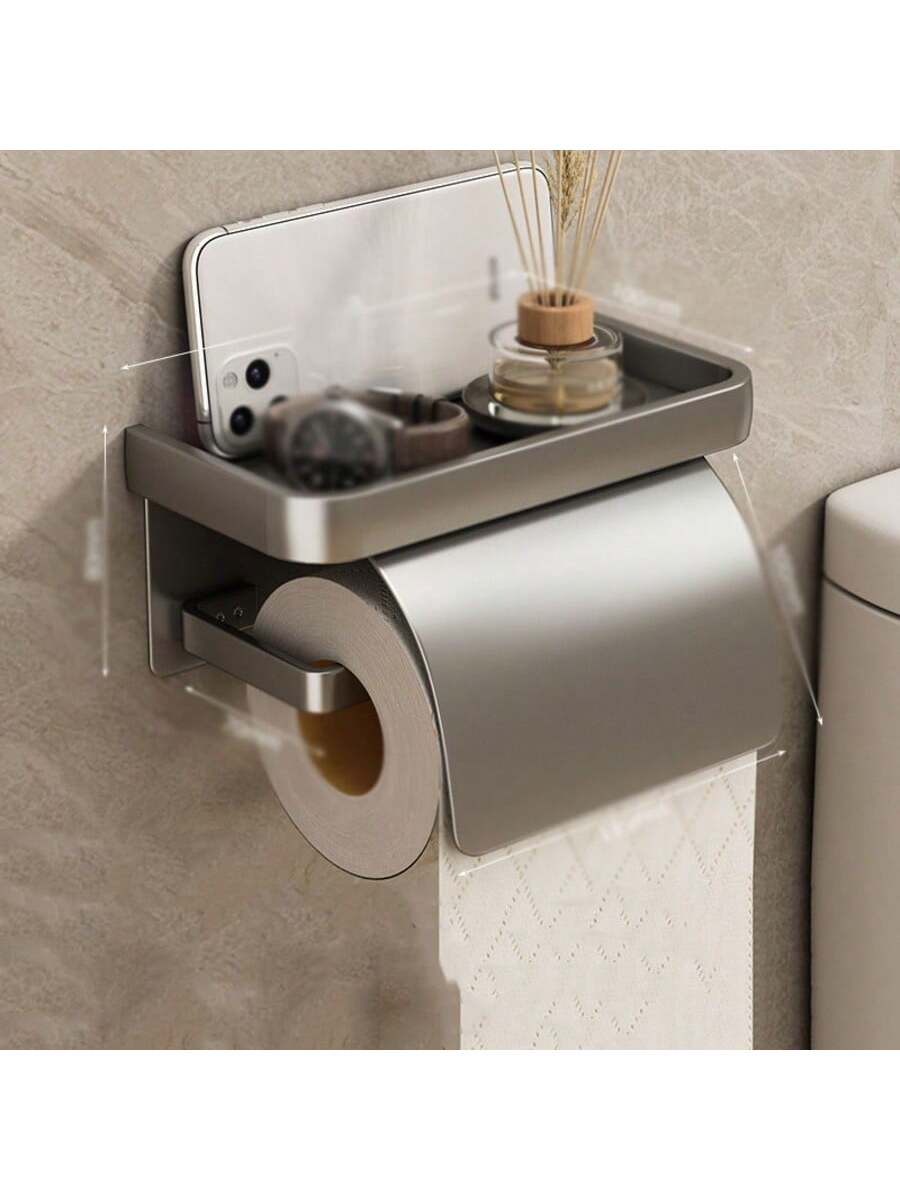 Toiletpapirholder, vægmonteret papirrulleholder med selvklæbende eller skruede kanter, multifunktionel badeværelsesopbevaringsfordeler: Sort