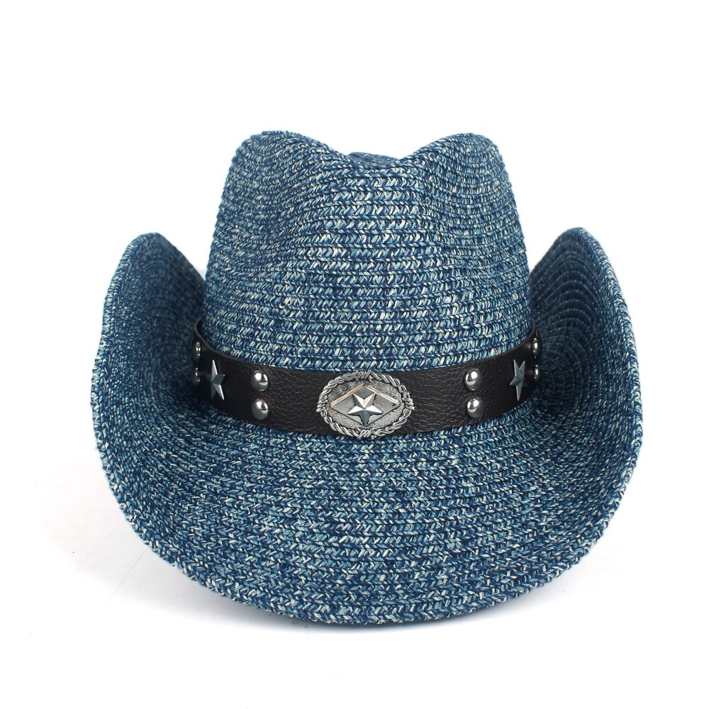 frauen Männer Hohl Western Cowboy Hut Dame Sommer Stroh Sombrero Hombre Strand Cowgirl Jazz Sonnenhut Größe 57- 59 CM: Dark Blue