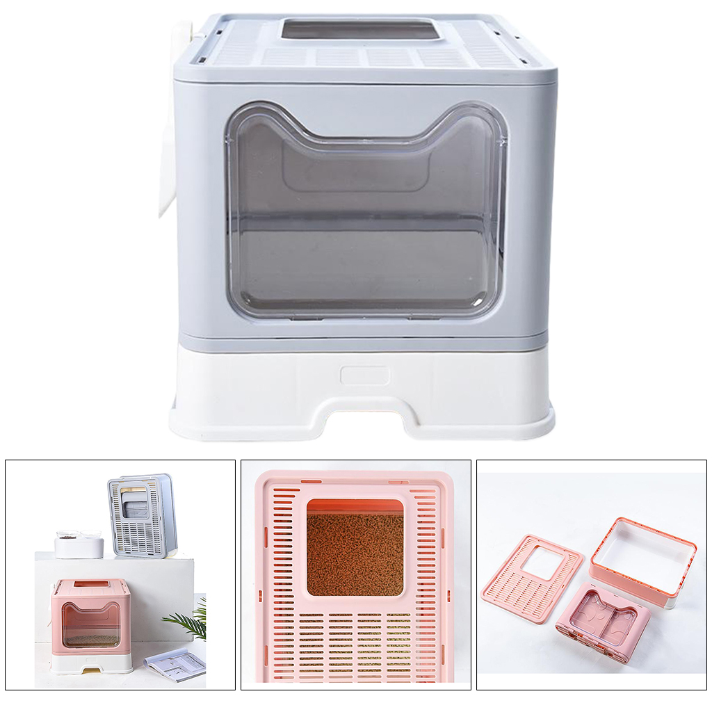 Caja de arena plegable con tapa para gato, inodoro para mascotas, orinal de entrada superior con cuchara, con habitación interior grande