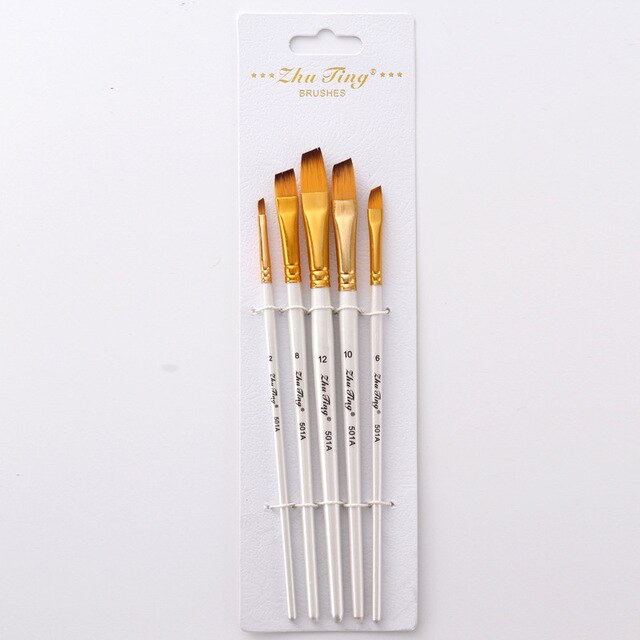 Pincel de nailon para pintura acrílica Gouache, suministros de arte, punta plana, tubo dorado, blanco, 5 unids/paquete: Set C